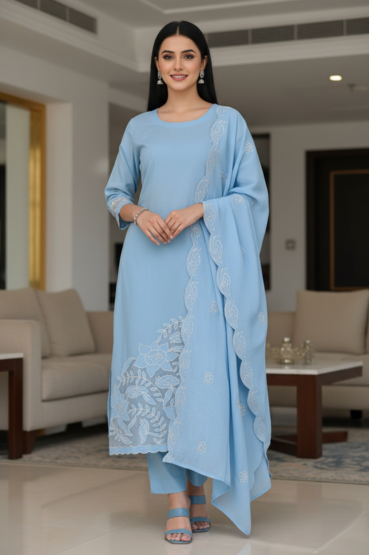 Designer Mul Cotton Unstitched Suit Set - Laser Cut Embroidery, Applique Work & Scalloped Dupatta