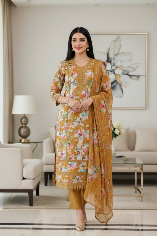 Pure Cotton Printed Un-Stitched Suit with Chiffon Digital Print Dupatta & Crochet Lacing