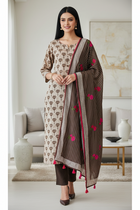 Pure Cotton Block Print Effect Suit with Faux Mirror Highlighting & Printed Dupatta
