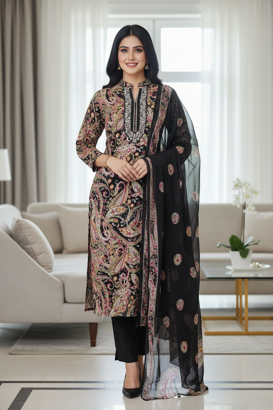 Pure Cotton Digital Print Unstitched Suit with Zari Patch Work & Chiffon Dupatta