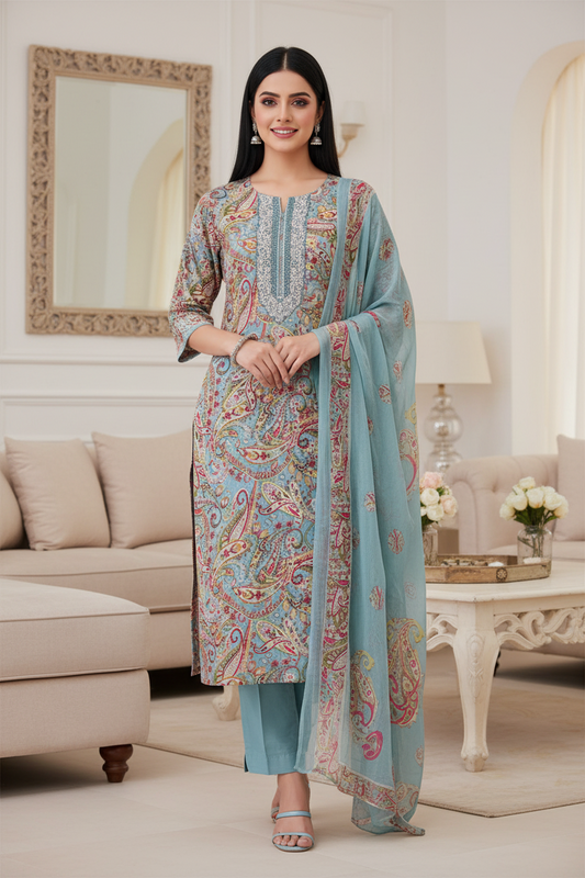 Pure Cotton Digital Print Unstitched Suit with Zari Patch Work & Chiffon Dupatta