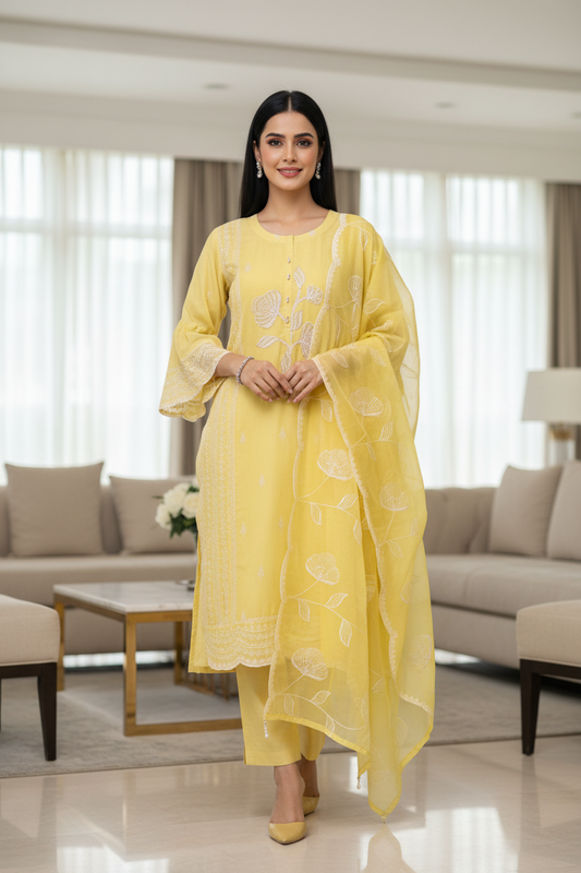 Organza Handworked Kurta Set with Sequin Dupatta – Fully Stitched 3 Pc Suit
