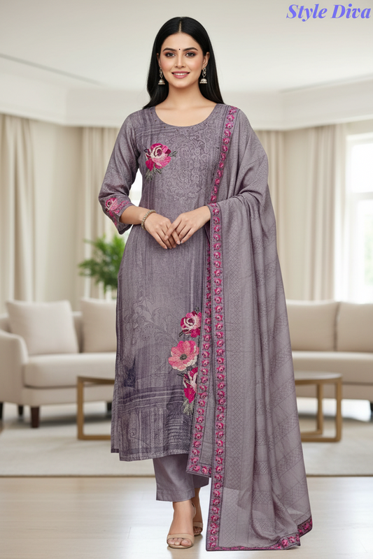 Roman Silk Digital Printed Kurta with Muslin Sequin Work Dupatta – Fully Stitched 3-Piece Suit with Shantoon Pants