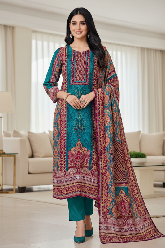Muslin Digital Printed Kurta Set with Mirror Highlighting & Shantoon Pant – Fully Stitched 3-Piece Suit