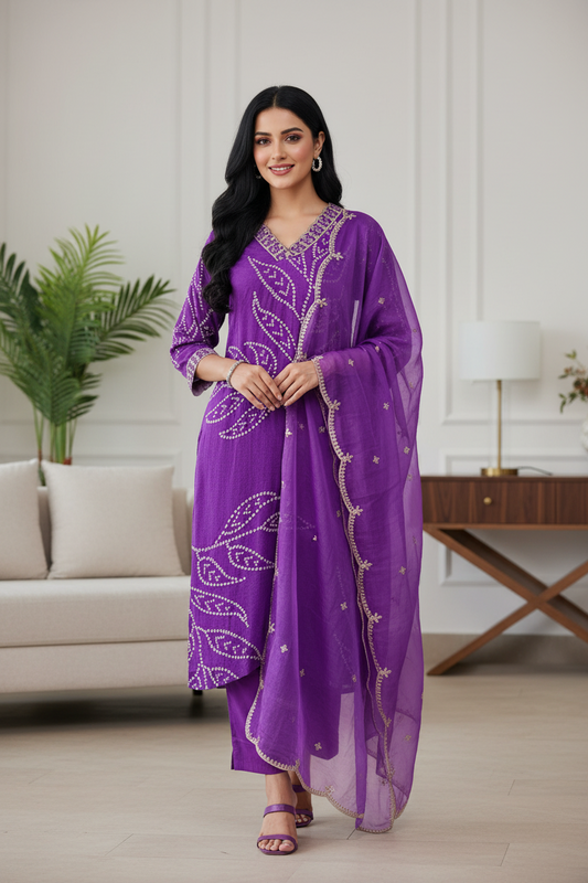 Fully Stitched Crepe Suit with Organza Dupatta