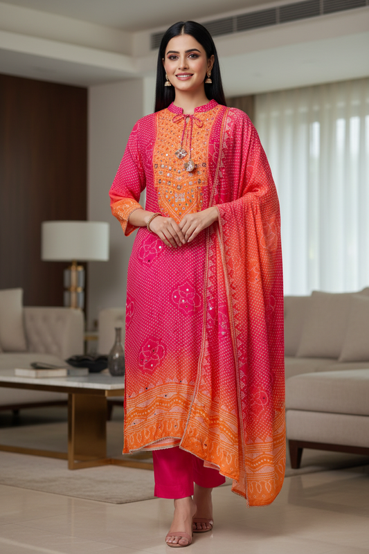 Fully Stitched - Muslin Digital Print Suit Set with Faux Mirror Work & Border Dupatta