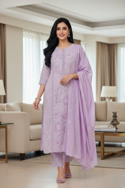 Cotton Printed Laser Cut Embroidery Unstitched Suit with Embroidered Mul Cotton Dupatta