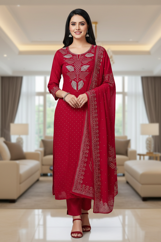( magenata)Designer Mul Cotton Unstitched Suit with Mukeish Work and Pearl Highlights