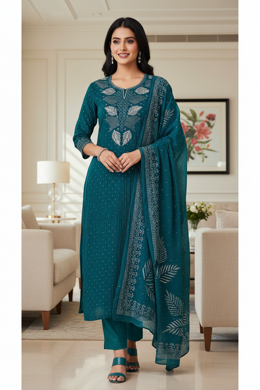 Designer Mul Cotton Unstitched Suit with Mukeish Work and Pearl Highlights