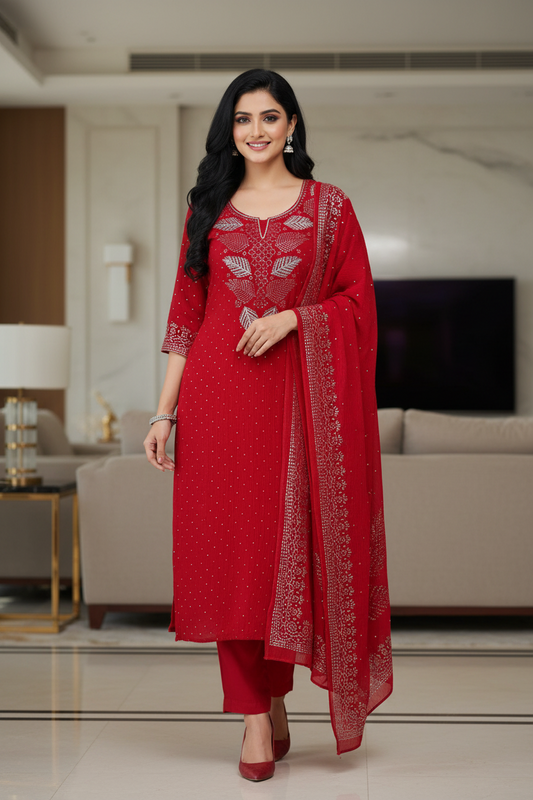 (rust colour) Designer Mul Cotton Unstitched Suit with Mukeish Work and Pearl Highlights