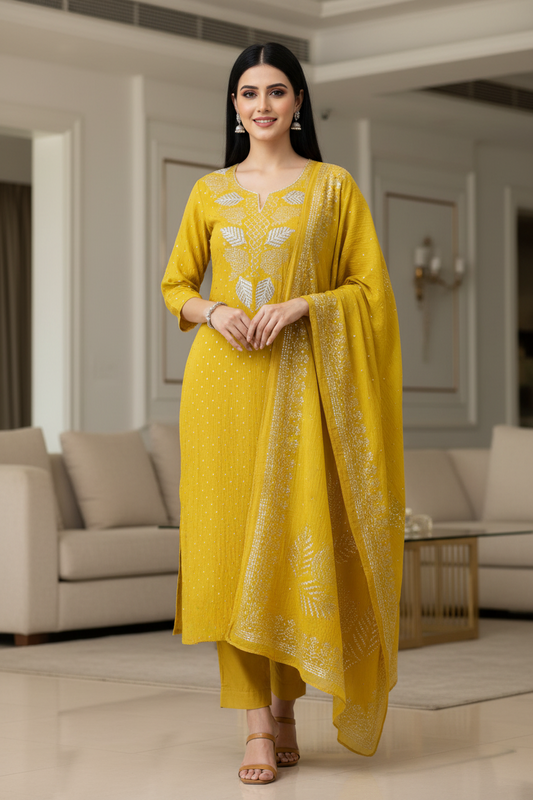 Designer Mul Cotton Unstitched Suit with Mukeish Work and Pearl Highlights