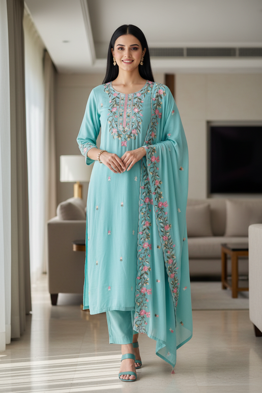 Mul Cotton Colorful Embroidered Unstitched Suit Set with Scalloped Embroidered Dupatta