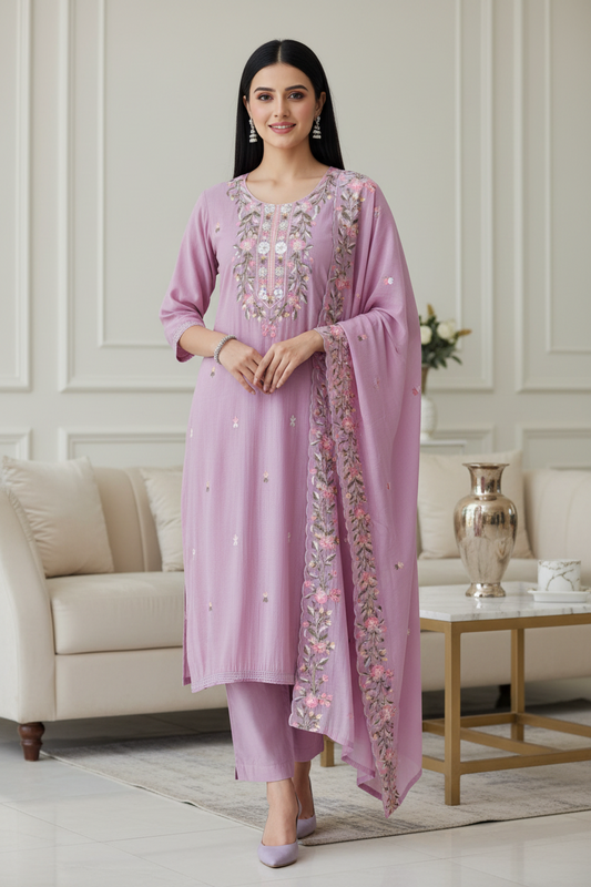 Mul Cotton Colorful Embroidered Unstitched Suit Set with Scalloped Embroidered Dupatta