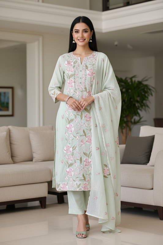 Mul Cotton Parsi Embroidered Unstitched Suit Set with Embroidered Dupatta