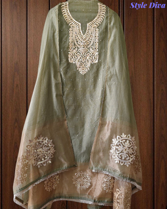 Jamdani Cotton Lagdi Patta- Faux Leather Unstitched Suit (3 PC Set)
