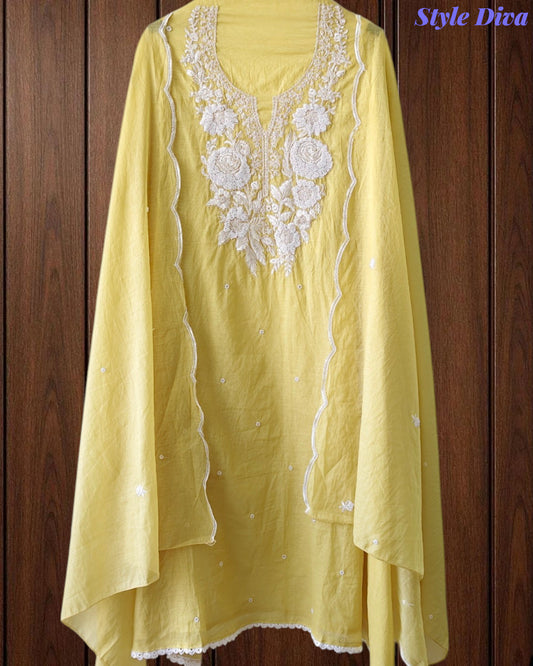 Mul Cotton Embroidered Pearl Work Unstitched Suit with Scalloped Dupatta