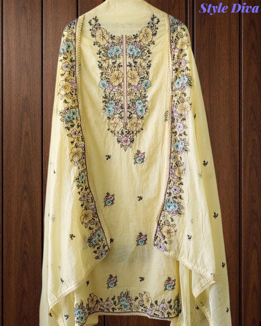 Mul Cotton Colorful Embroidered Unstitched Suit With Embroidered Dupatta