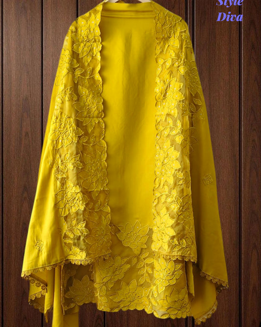 Modal Laser Cut Applique Work Unstitched Suit with Embroidered Modal Dupatta