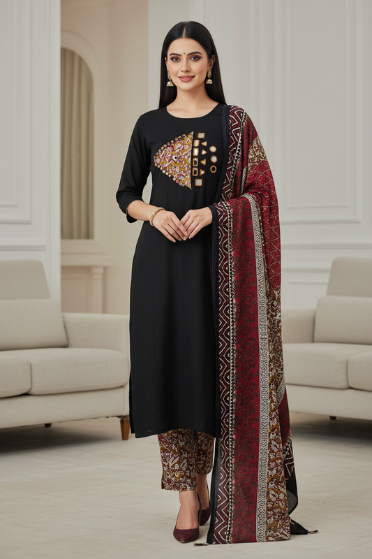 Cotton Applique Mirror Work Unstitched Suit with Printed Tassel Dupatta