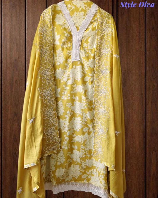 Pakistani Style Cotton Crochet Lace Unstitched Suit with Embroidered Scalloped Dupatta