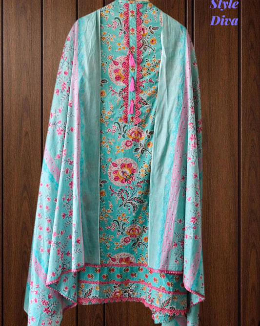Cotton Pakistani Style Printed Un-Stitched Suit with Crochet Lacing Dupatta