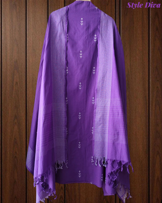 Pure Handloom Cotton Unstitched Suit Set with All-Over Embroidery & Tassel Dupatta