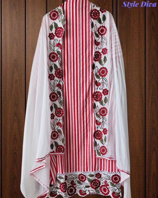 Cotton Printed Daman Embroidery Work Unstitched Suit with Muslin Scalloped Dupatta
