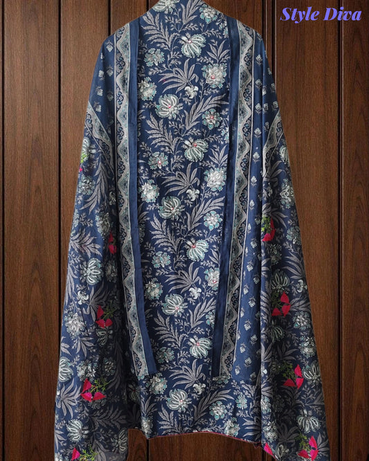 Pure Cotton Printed Unstitched Suit Set with Mirror Highlights & Embroidered Dupatta