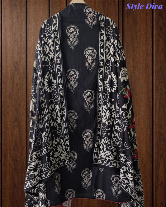 Pure Cotton Printed Unstitched Suit Set with Mirror Highlights & Embroidered Dupatta