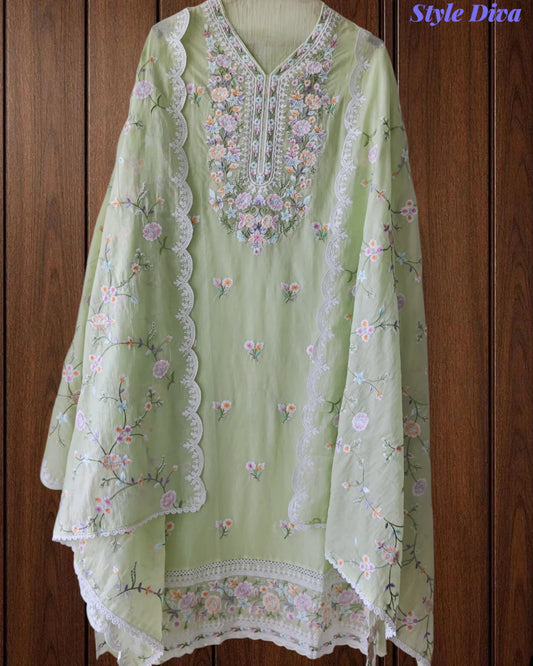 Premium Mul Cotton Unstitched Suit with Colorful Embroidery and Scalloped Edge Dupatta