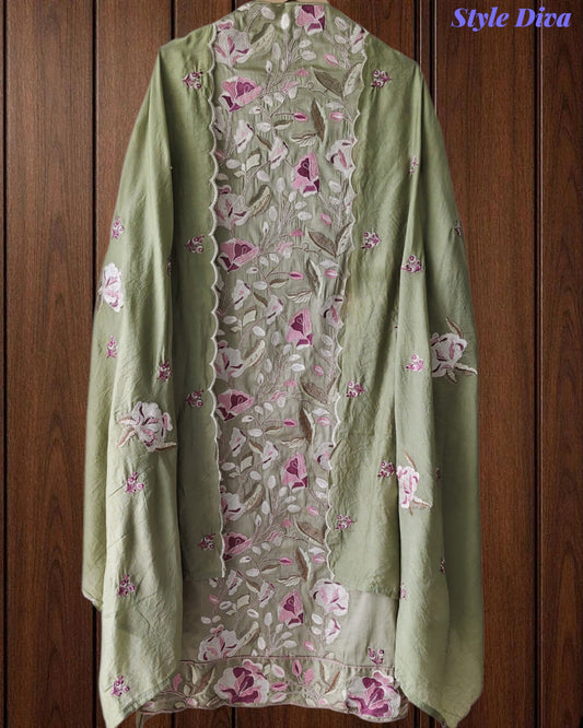 Premium Mul Cotton Unstitched Suit with Colorful Embroidery and Scalloped Edge Dupatta