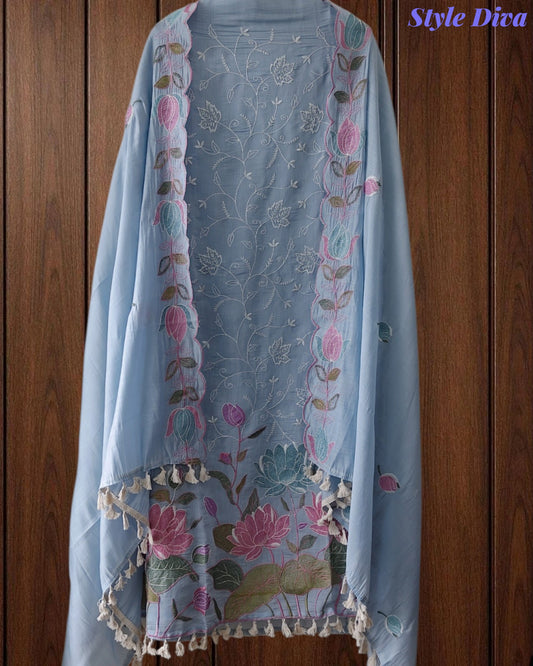 Mul Cotton Unstitched Suit Set with Parsi Embroidery & Scalloped Dupatta