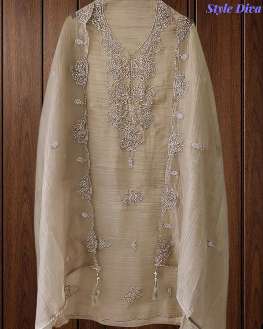 Premium Crushed Tissue Unstitched Suit with Pearl, Cut-Dana Work & Scalloped Edges