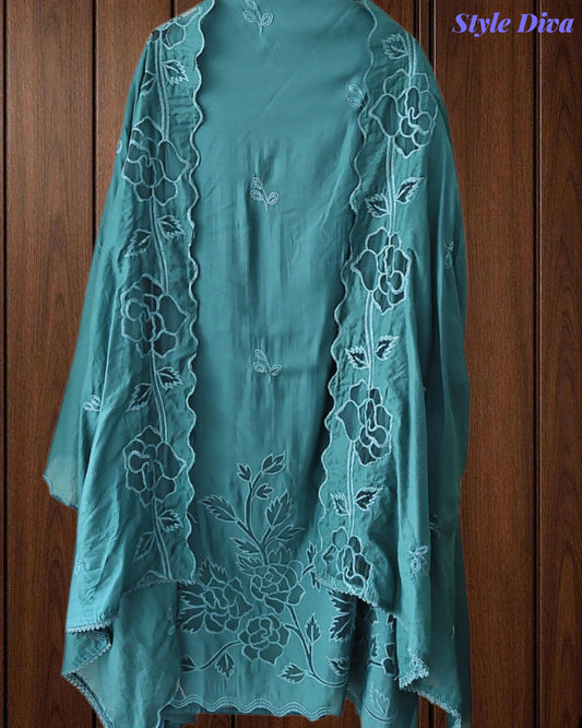 Mul Cotton Unstitched Suit Set with Laser Cut Embroidery & Crochet Lace Dupatta