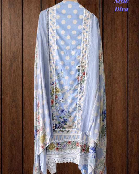 Pure Cotton Polka Printed Unstitched Suit with Mul Cotton Dupatta & Crochet Lacing