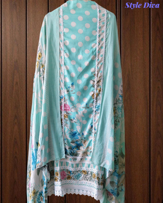 Pure Cotton Polka Printed Unstitched Suit with Mul Cotton Dupatta & Crochet Lacing