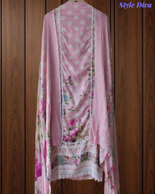 Pure Cotton Polka Printed Unstitched Suit with Mul Cotton Dupatta & Crochet Lacing