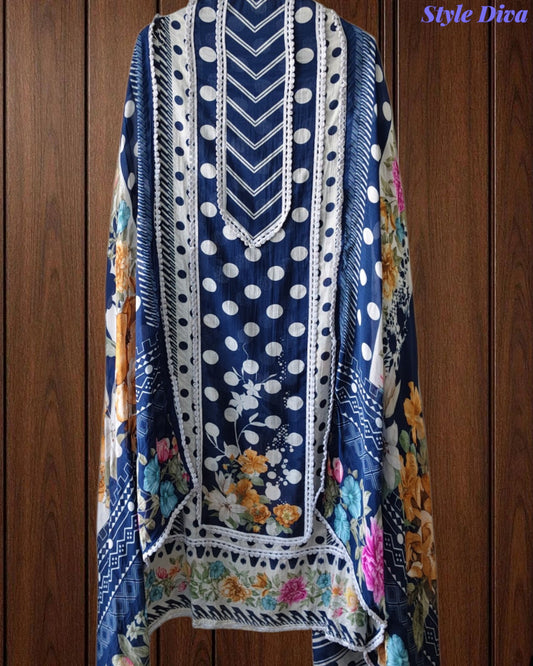 Pakistani Style - Mul Cotton Polka Print Unstitched Suit Set with Crochet Lacing