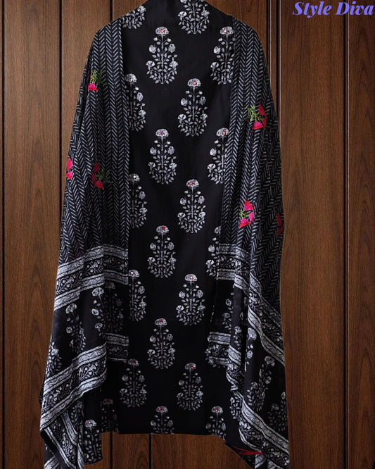 Pure Cotton Printed Unstitched Suit Set with Mirror Highlights & Embroidered Dupatta