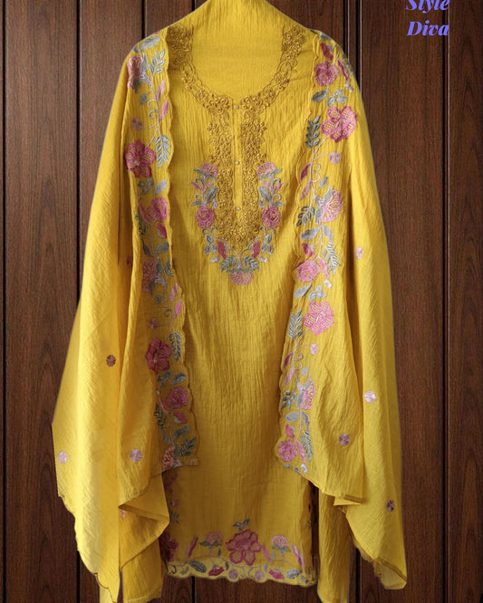 Mul cotton Laser Cut & Thread Embroidery Unstitched Suit with Embroidered Dupatta