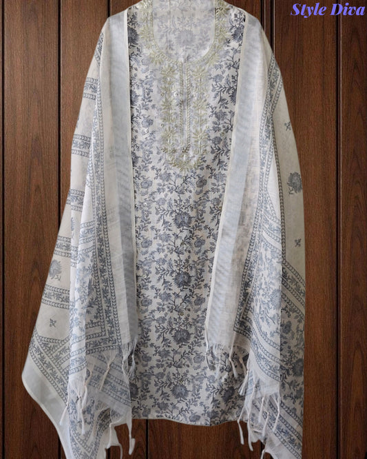 Linen Digital Printed Unstitched Suit with Pita Embroidery & Matching Dupatta