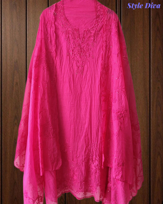 Mul Cotton Unstitched Suit Set with Overall Embroidery & Sequin Highlighting