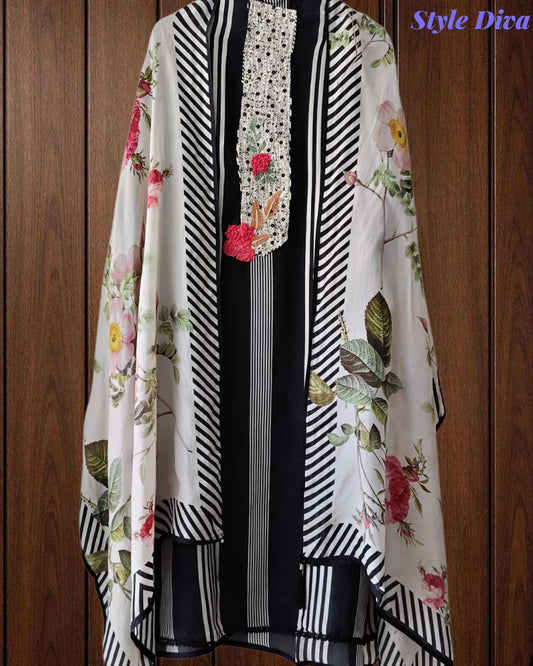 Glass Organza Digital Print Unstitched Suit with Jute Neck Work