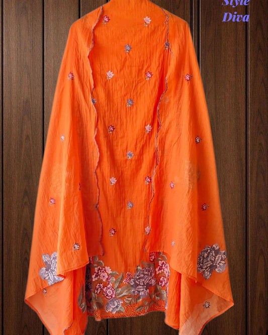 SD1136 - Elegant Mul Cotton Unstitched Suit with Colorful Cross Stitch Embroidery on Kurta & Dupatta