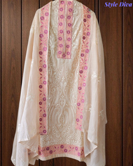 SD1134 - Mul Cotton Unstitched Suit with Overall Jal Embroidery & Matching Embroidered Dupatta