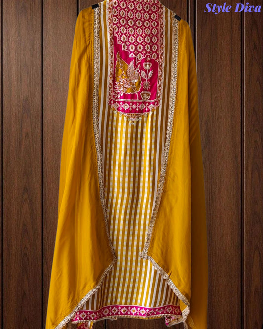 SD1109 - Premium Gajji Silk Digital Printed Unstitched Suit with Hand Work & Georgette Border Dupatta