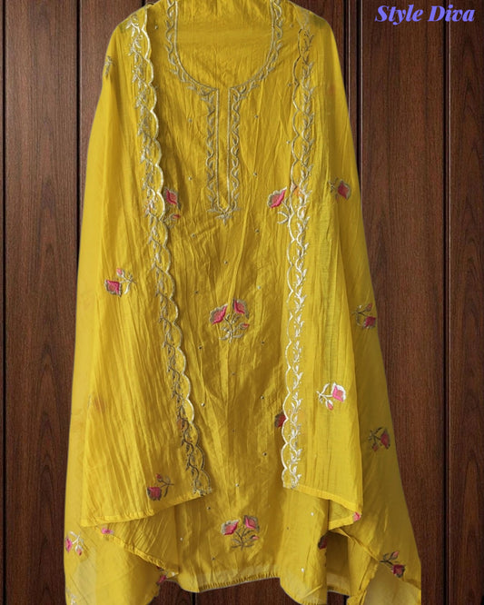 SD1120 - Crush Mul Cotton Block Print Unstitched Suit with Pita Embroidery Detailing