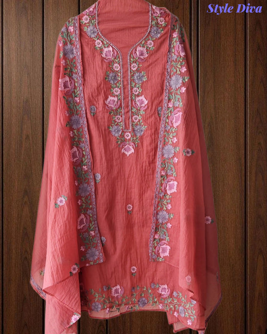 SD1112 - Mul Cotton Unstitched Suit with Parsi Embroidery, Pearl Highlighting & Matching Embroidered Dupatta
