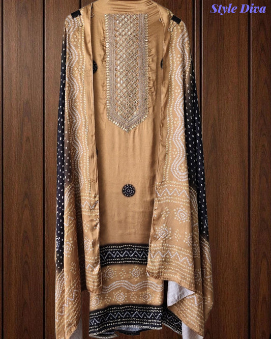 Premium Gajji Silk Digital Bandhej Print Unstitched Suit Set with Zari Embroidery, Faux Mirror & Sequin Work