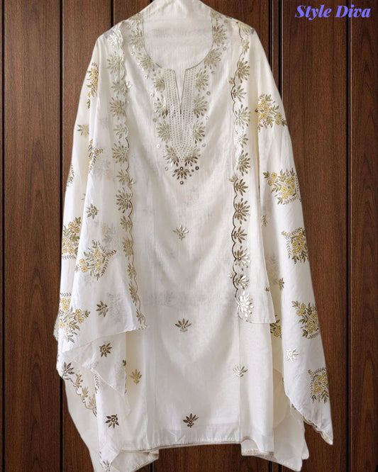 SD1136 - Mul Cotton Unstitched Suit with Pita Work, Block Print Dupatta & Matching Kurta